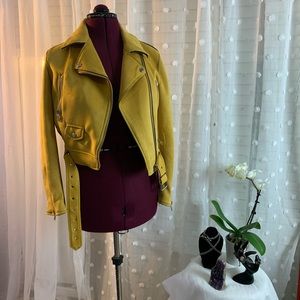 Cropped Mustard Yellow Faux Suede Biker Jacket